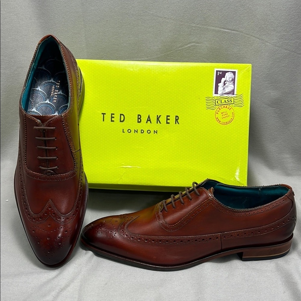 Ted Baker Asonce Leather Longwing Broque Brown Leather Oxford Dress Shoes 13.5